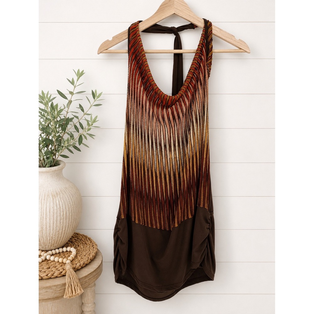 Dots Halter Top Womens 1X Brown Chevron Knit Cowl Neck